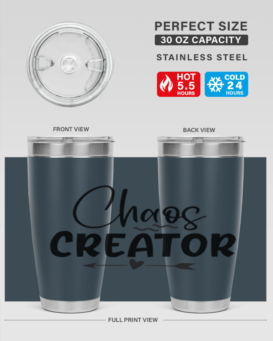 Chaos Creator Style 271# baby tumbler in stainless steel with a drink-thru lid, showcasing its sleek design and double wall vacuum insulation.