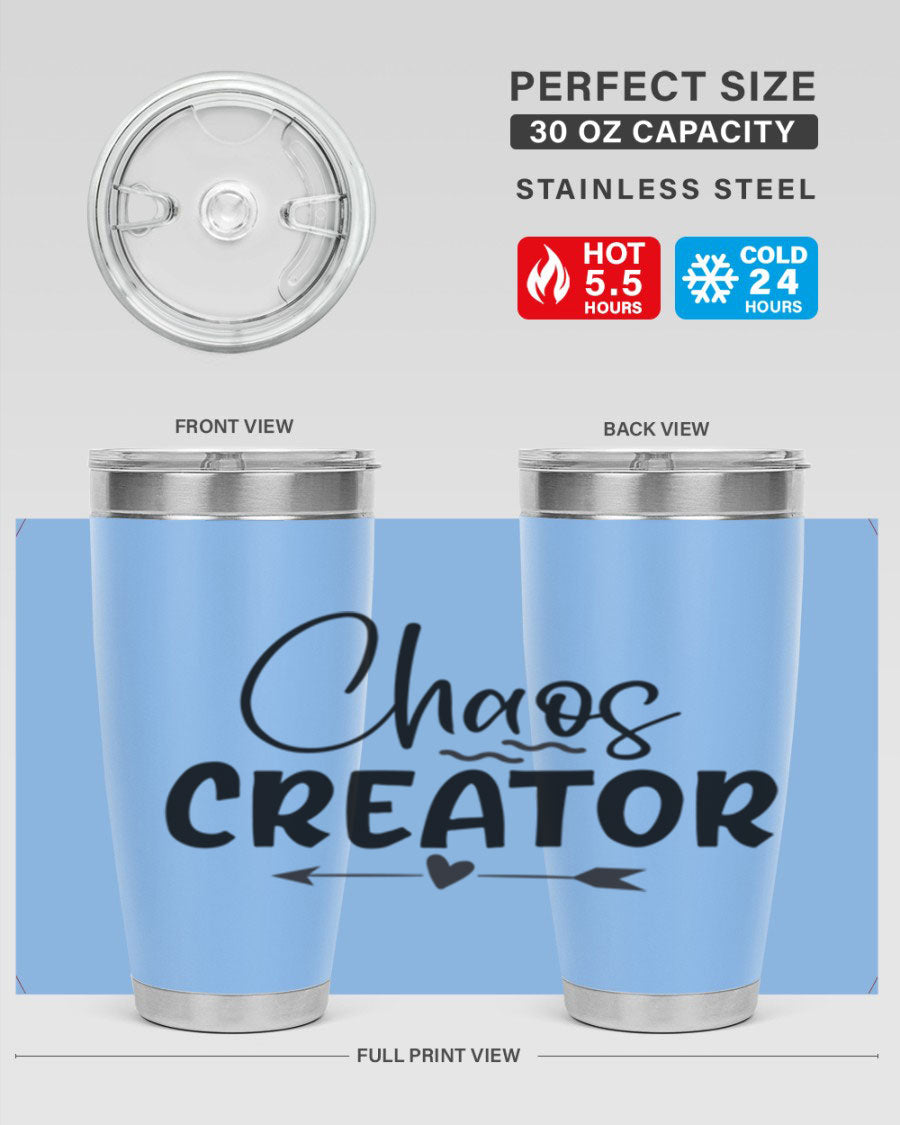 Chaos Creator Style 271# baby tumbler in stainless steel with a drink-thru lid, showcasing its sleek design and double wall vacuum insulation.