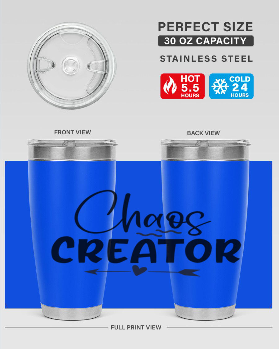 Chaos Creator Style 271# baby tumbler in stainless steel with a drink-thru lid, showcasing its sleek design and double wall vacuum insulation.