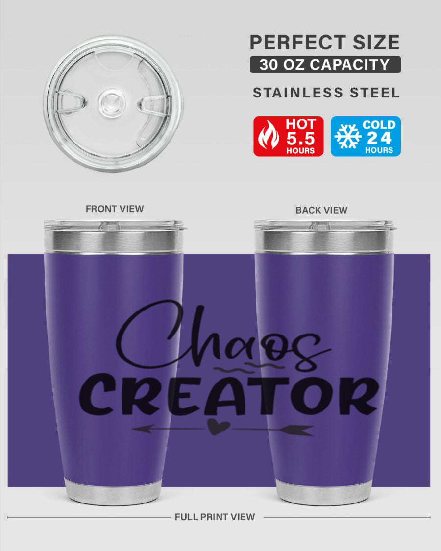 Chaos Creator Style 271# baby tumbler in stainless steel with a drink-thru lid, showcasing its sleek design and double wall vacuum insulation.