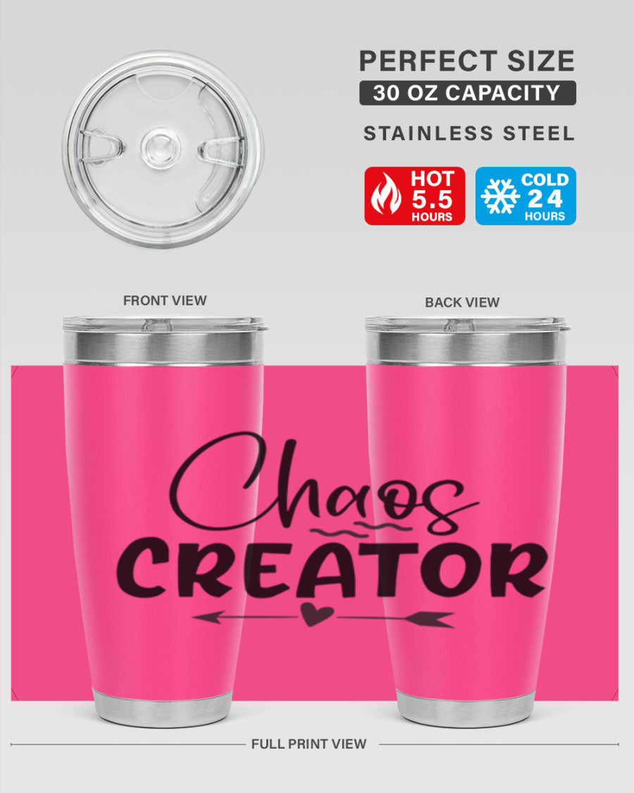 Chaos Creator Style 271# baby tumbler in stainless steel with a drink-thru lid, showcasing its sleek design and double wall vacuum insulation.
