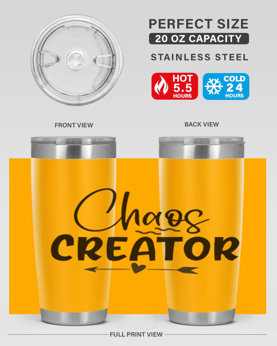 Chaos Creator Style 271# baby tumbler in stainless steel with a drink-thru lid, showcasing its sleek design and double wall vacuum insulation.