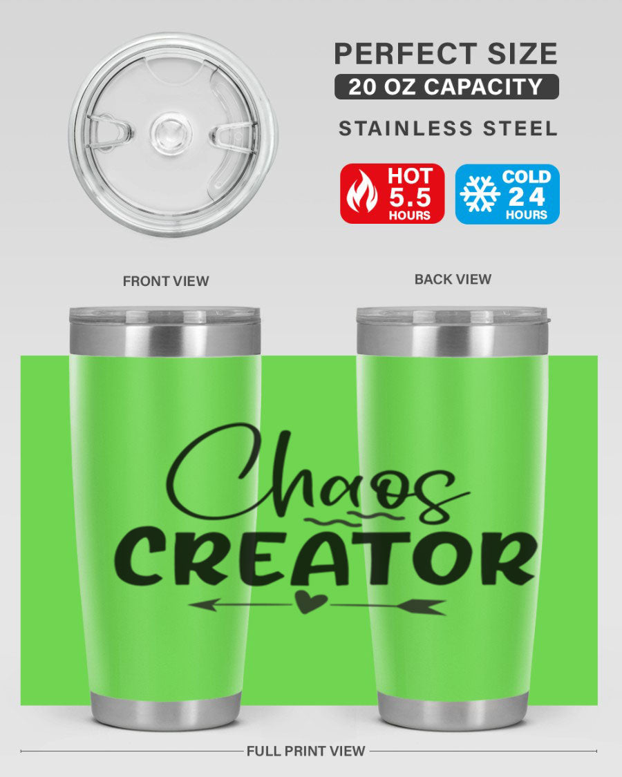 Chaos Creator Style 271# baby tumbler in stainless steel with a drink-thru lid, showcasing its sleek design and double wall vacuum insulation.