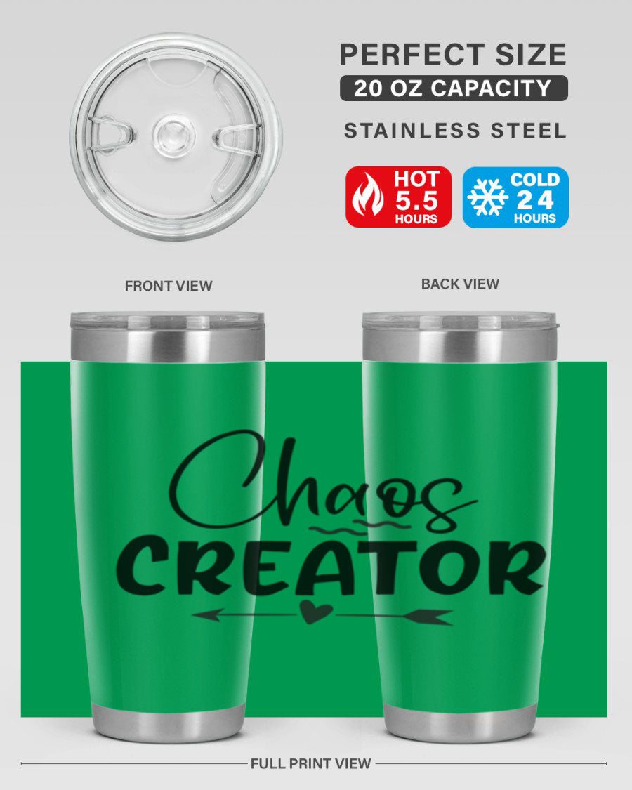 Chaos Creator Style 271# baby tumbler in stainless steel with a drink-thru lid, showcasing its sleek design and double wall vacuum insulation.