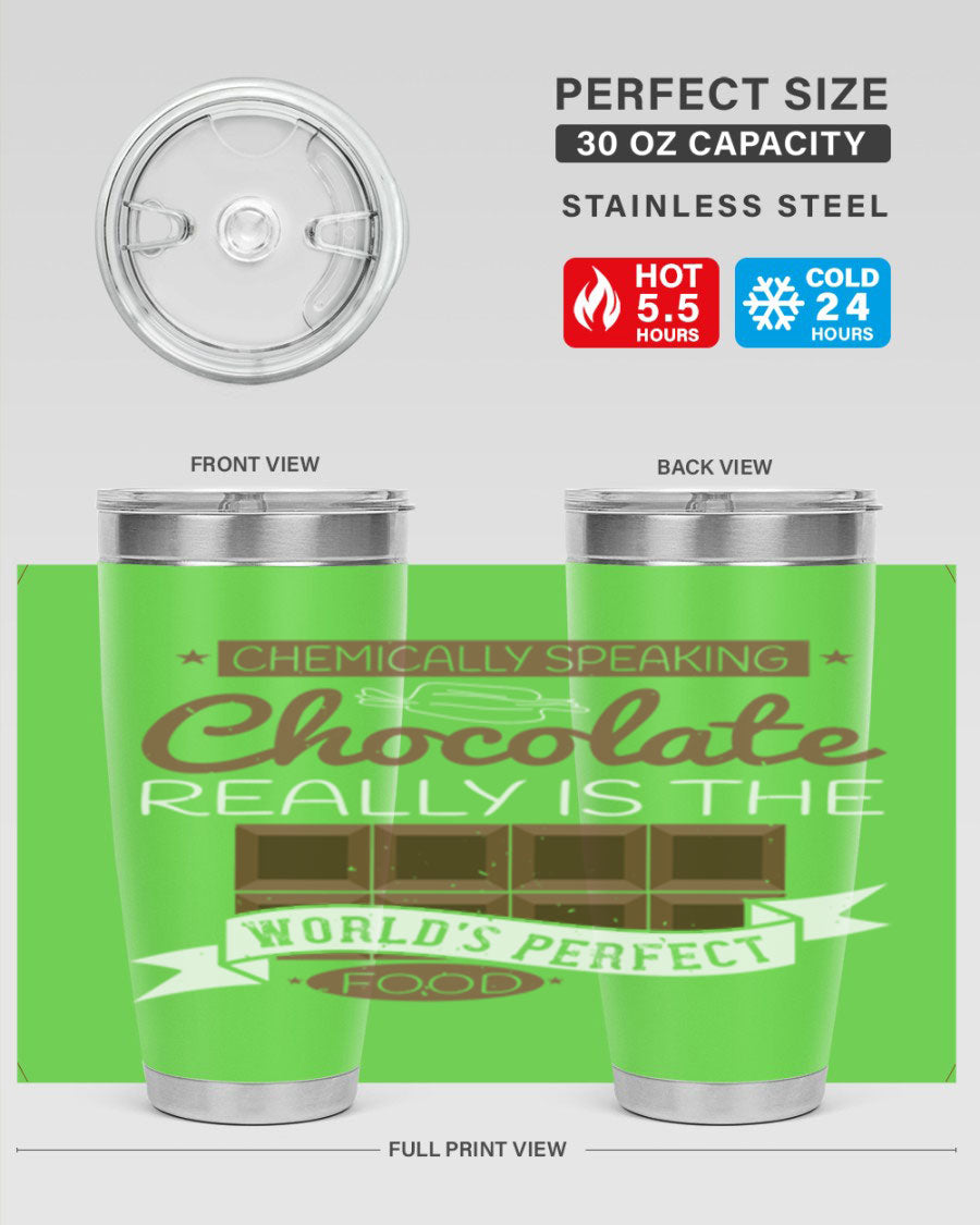 Stylish stainless steel tumbler featuring a chocolate-themed design, perfect for hot and cold beverages.