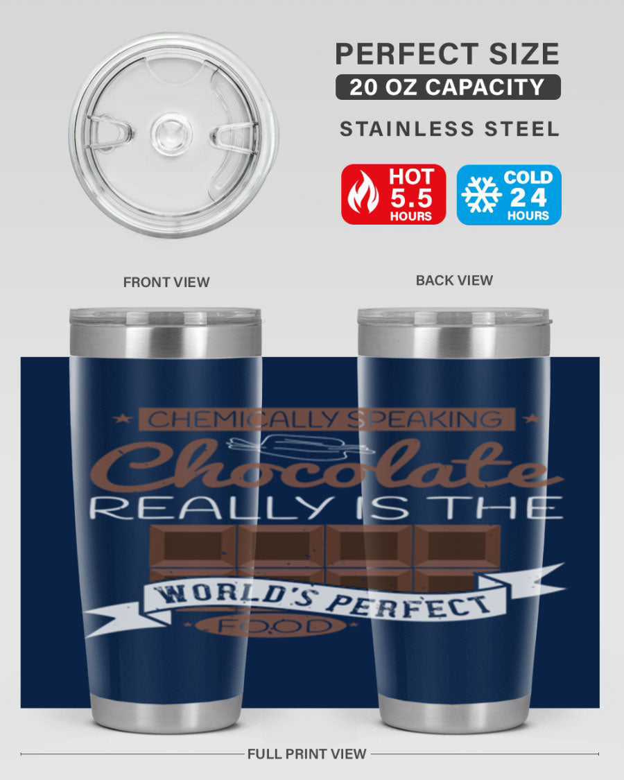 Stylish stainless steel tumbler featuring a chocolate-themed design, perfect for hot and cold beverages.