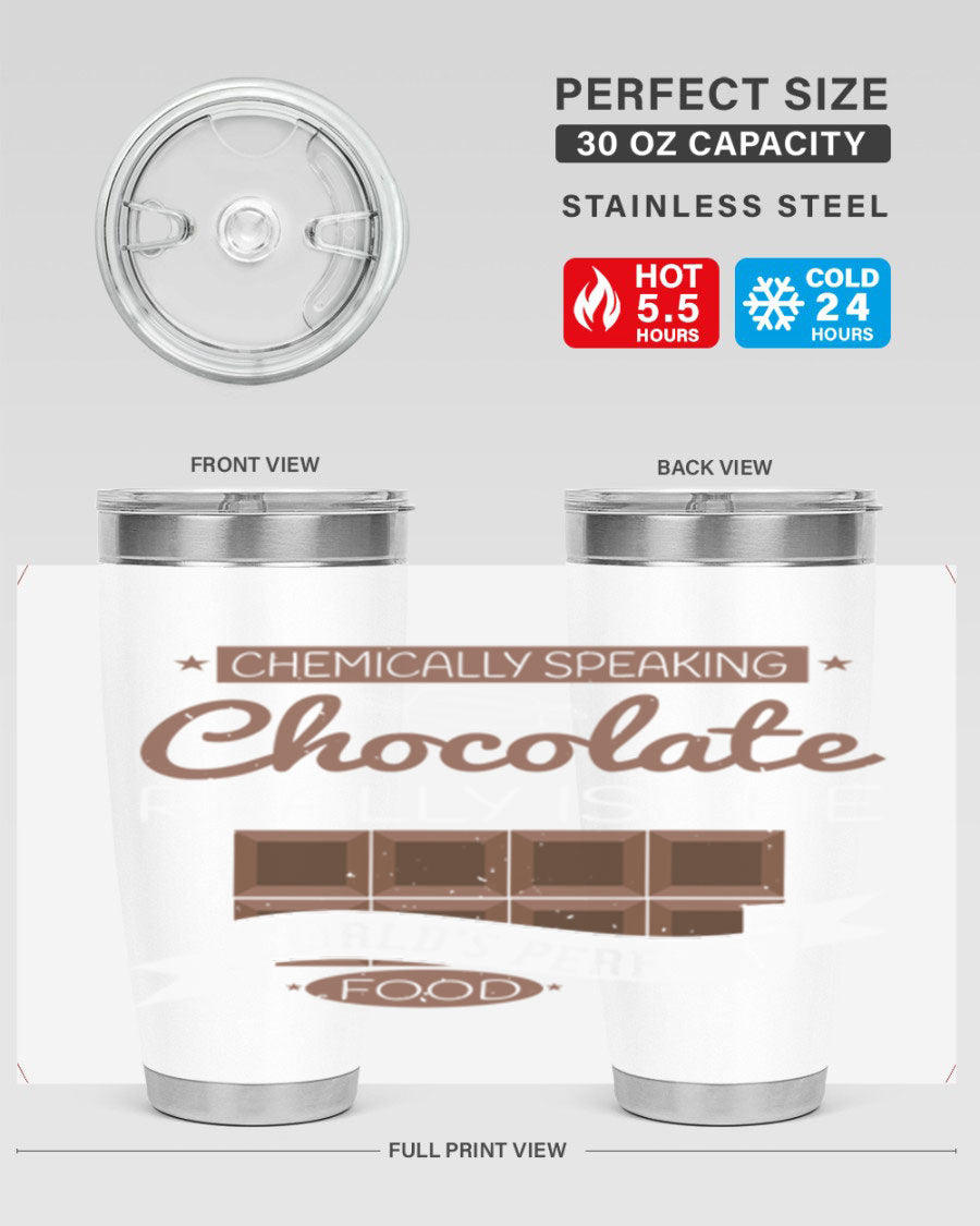 Stylish stainless steel tumbler featuring a chocolate-themed design, perfect for hot and cold beverages.