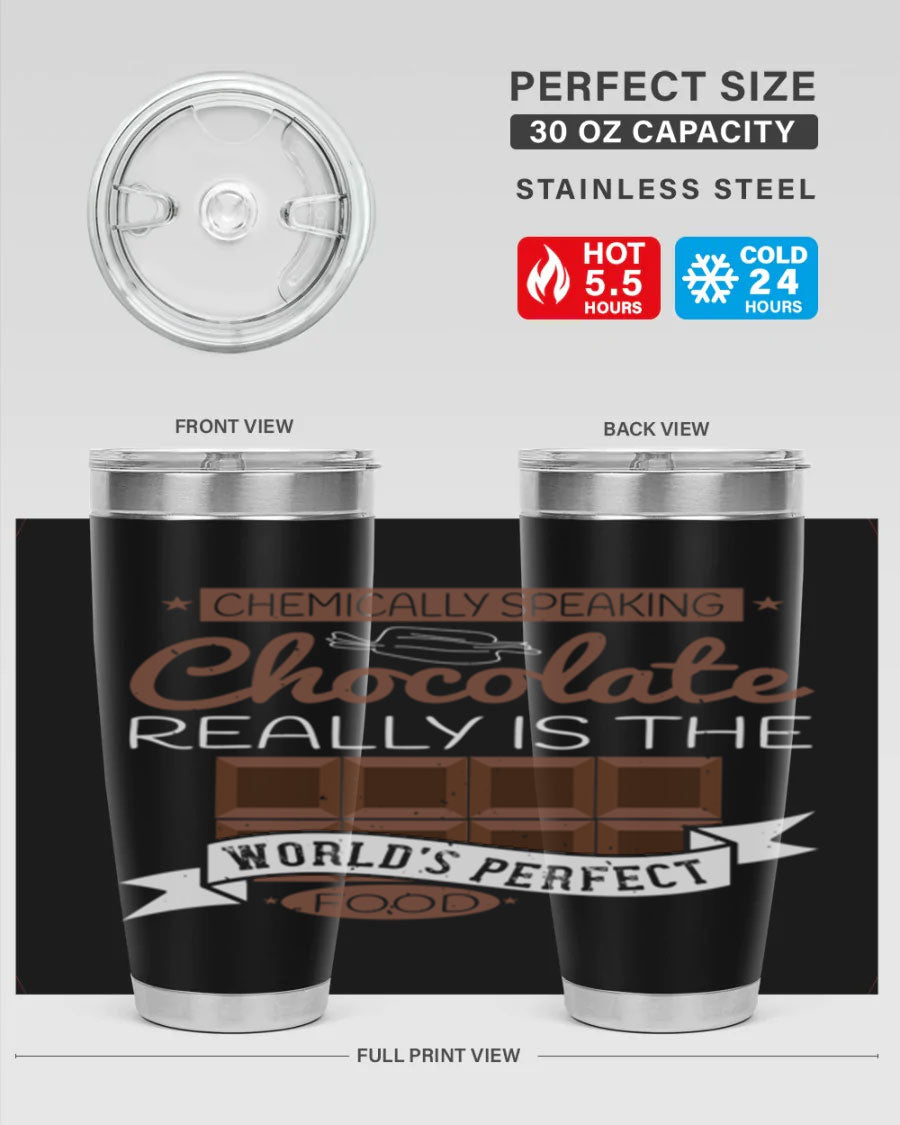 Stylish stainless steel tumbler featuring a chocolate-themed design, perfect for hot and cold beverages.