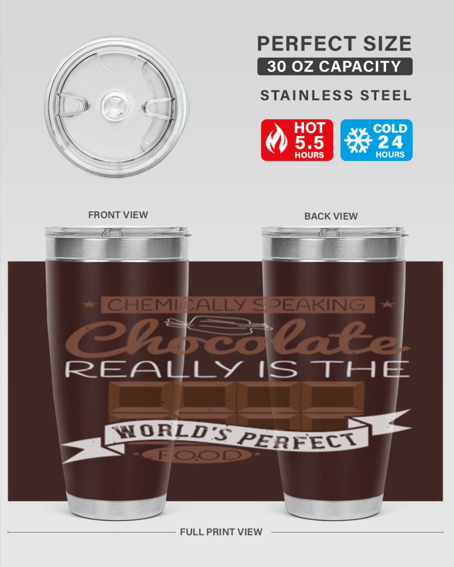 Stylish stainless steel tumbler featuring a chocolate-themed design, perfect for hot and cold beverages.