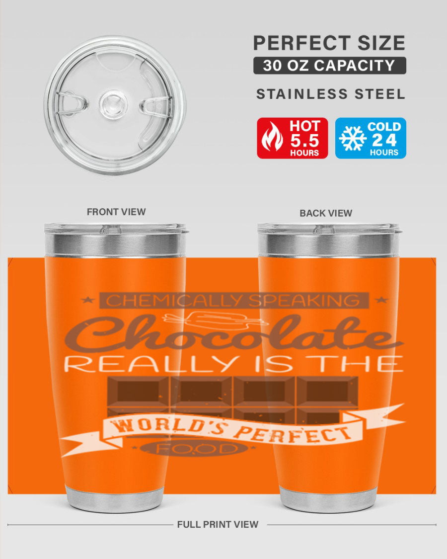 Stylish stainless steel tumbler featuring a chocolate-themed design, perfect for hot and cold beverages.