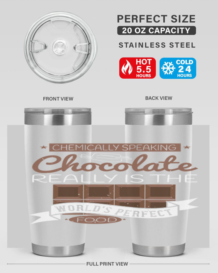 Stylish stainless steel tumbler featuring a chocolate-themed design, perfect for hot and cold beverages.