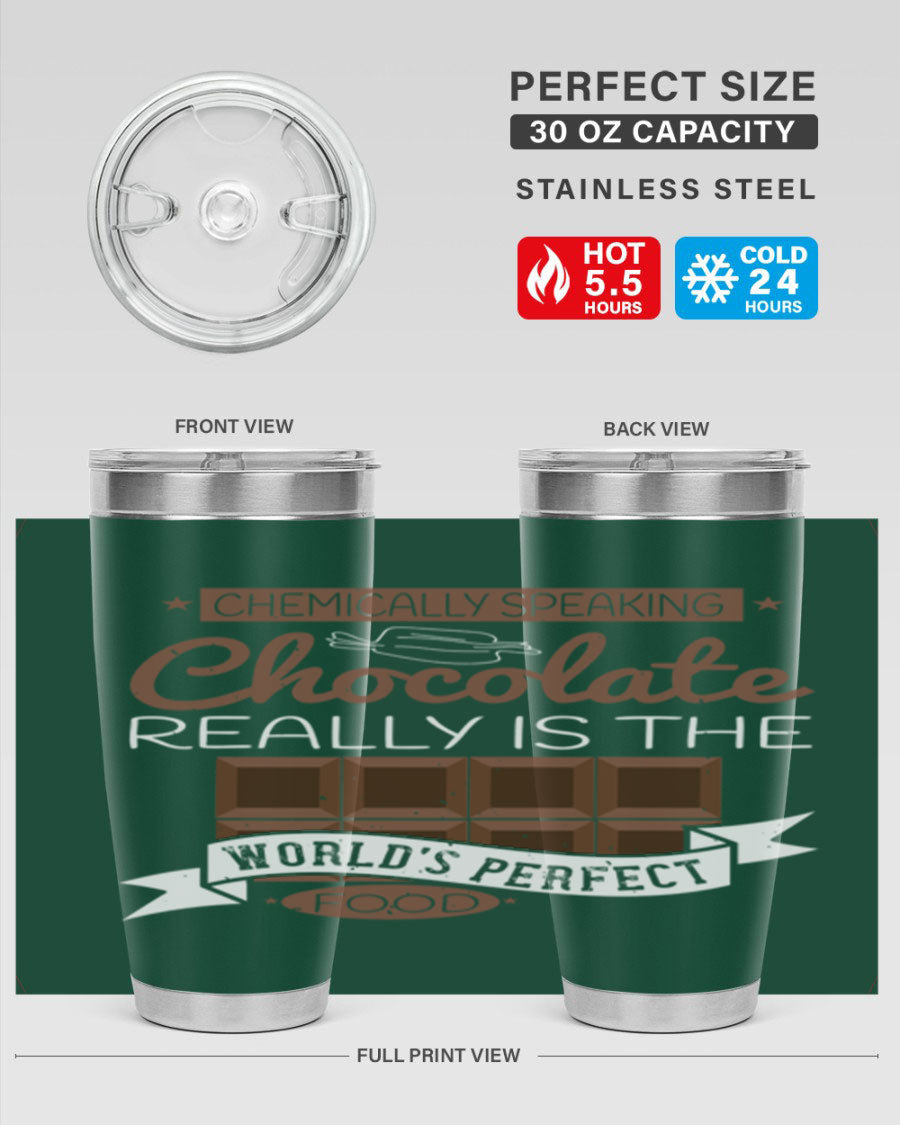 Stylish stainless steel tumbler featuring a chocolate-themed design, perfect for hot and cold beverages.
