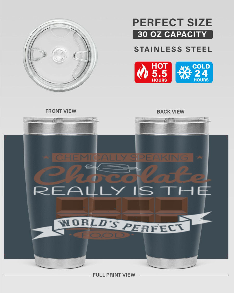 Stylish stainless steel tumbler featuring a chocolate-themed design, perfect for hot and cold beverages.