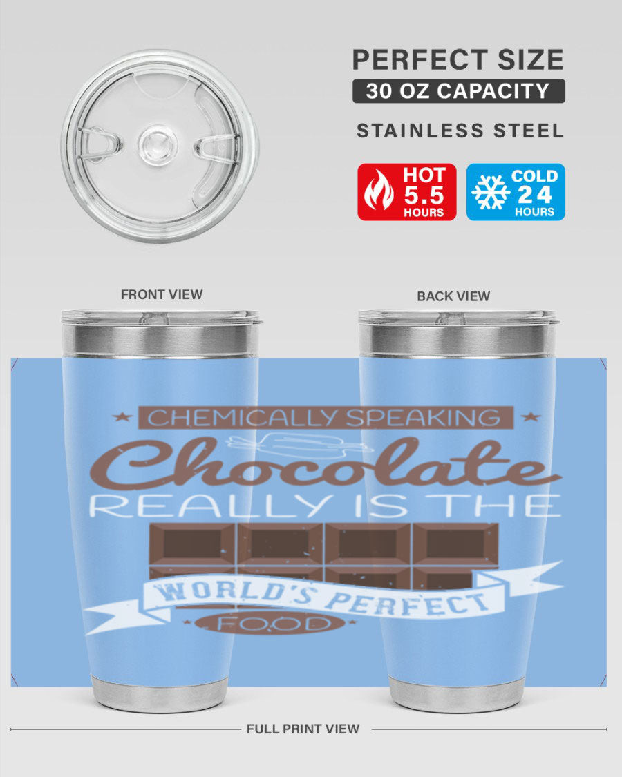Stylish stainless steel tumbler featuring a chocolate-themed design, perfect for hot and cold beverages.