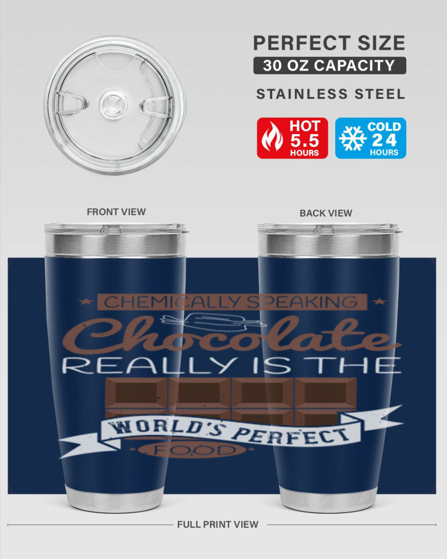 Stylish stainless steel tumbler featuring a chocolate-themed design, perfect for hot and cold beverages.