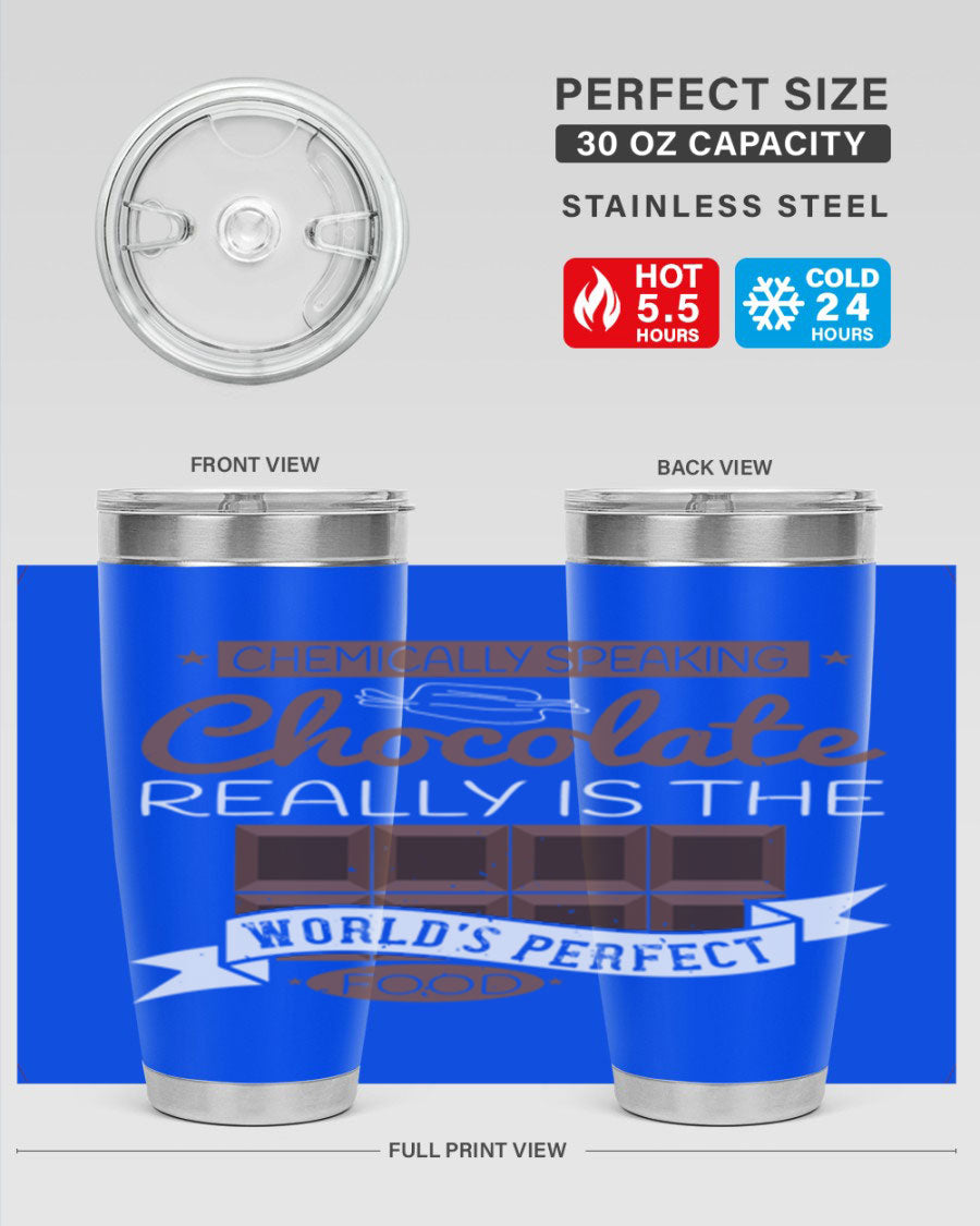 Stylish stainless steel tumbler featuring a chocolate-themed design, perfect for hot and cold beverages.