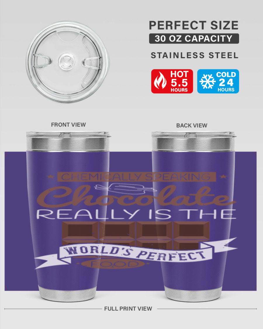 Stylish stainless steel tumbler featuring a chocolate-themed design, perfect for hot and cold beverages.