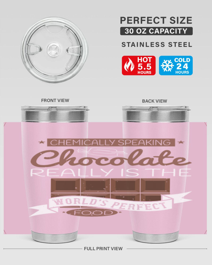 Stylish stainless steel tumbler featuring a chocolate-themed design, perfect for hot and cold beverages.