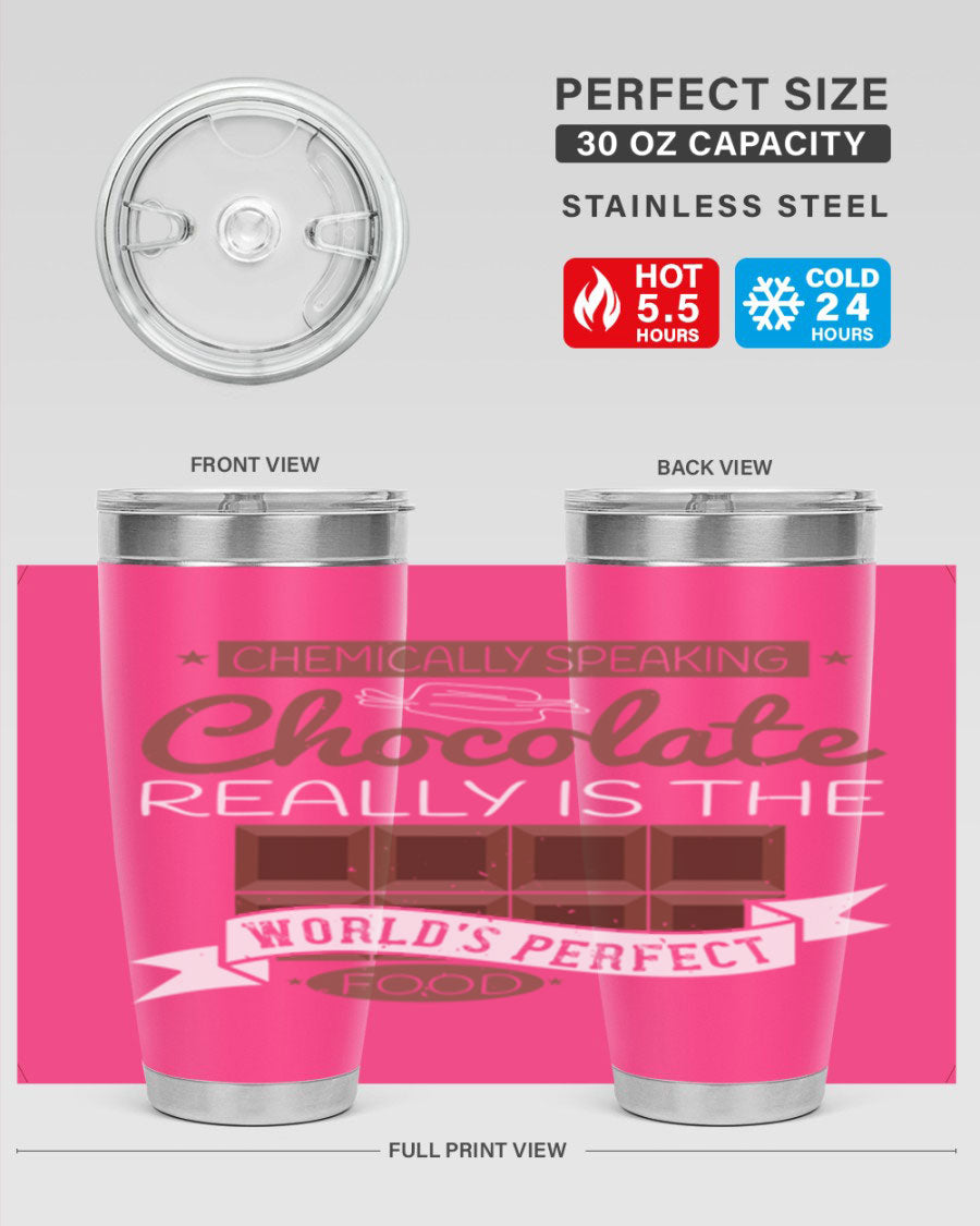 Stylish stainless steel tumbler featuring a chocolate-themed design, perfect for hot and cold beverages.