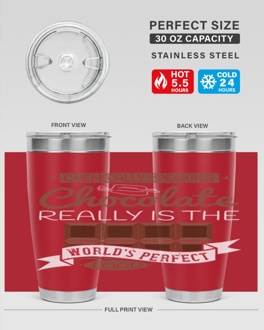 Stylish stainless steel tumbler featuring a chocolate-themed design, perfect for hot and cold beverages.