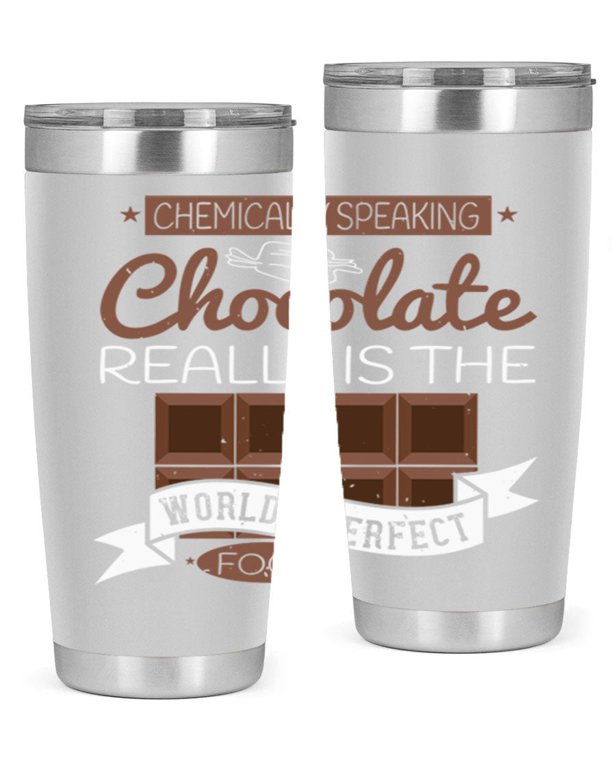Stylish stainless steel tumbler featuring a chocolate-themed design, perfect for hot and cold beverages.