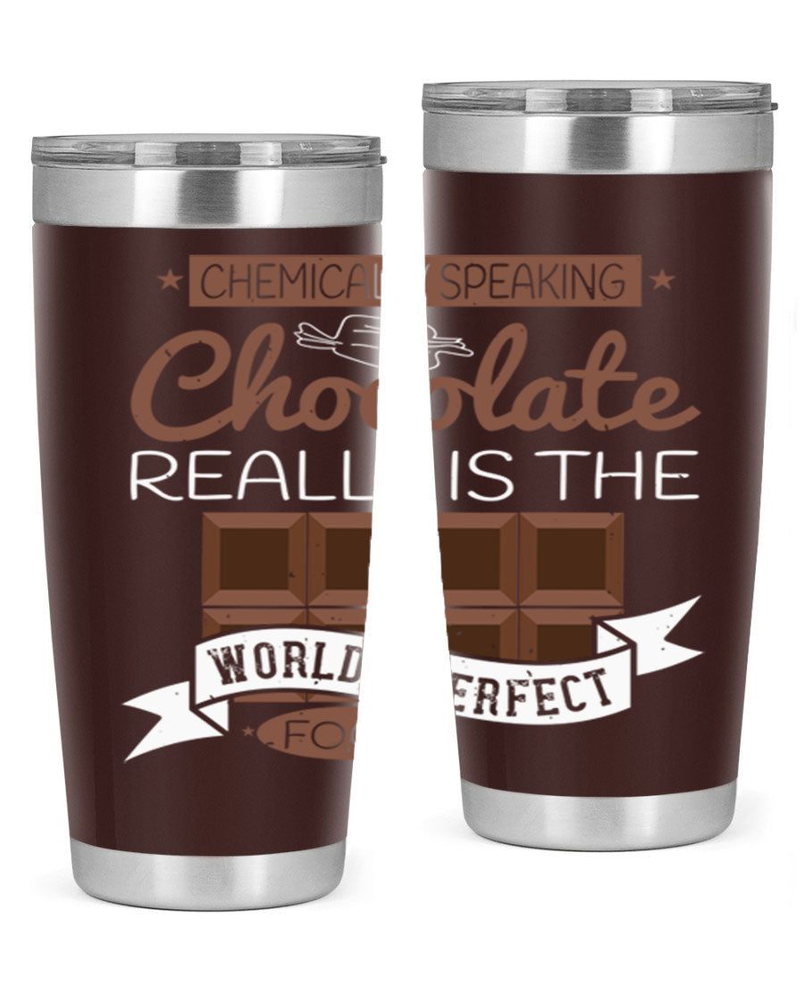 Stylish stainless steel tumbler featuring a chocolate-themed design, perfect for hot and cold beverages.