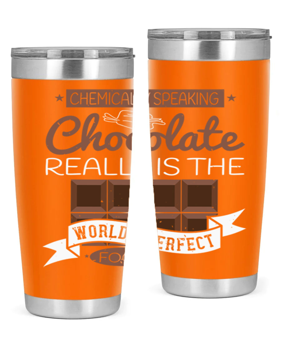Stylish stainless steel tumbler featuring a chocolate-themed design, perfect for hot and cold beverages.