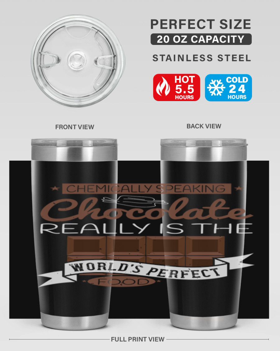 Stylish stainless steel tumbler featuring a chocolate-themed design, perfect for hot and cold beverages.
