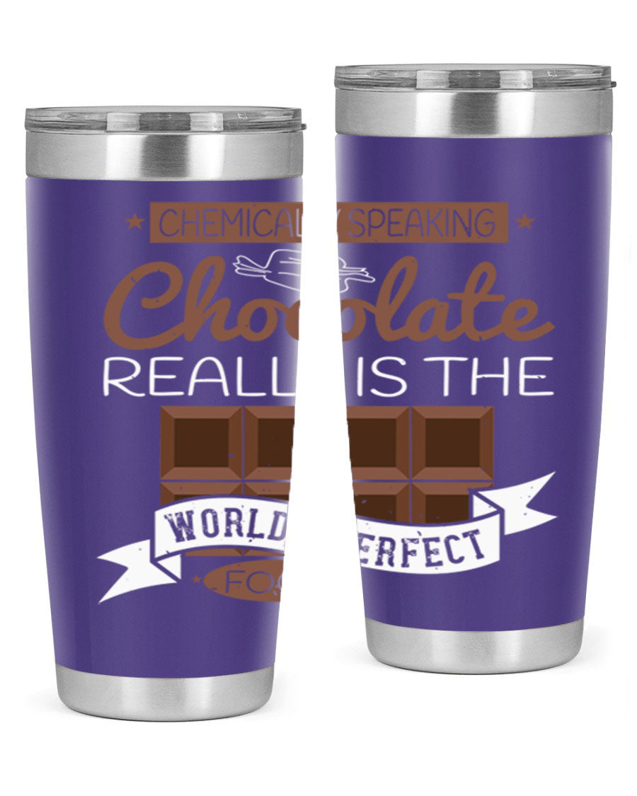 Stylish stainless steel tumbler featuring a chocolate-themed design, perfect for hot and cold beverages.
