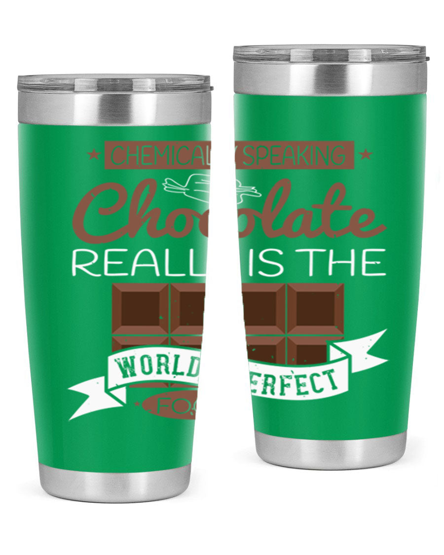 Stylish stainless steel tumbler featuring a chocolate-themed design, perfect for hot and cold beverages.
