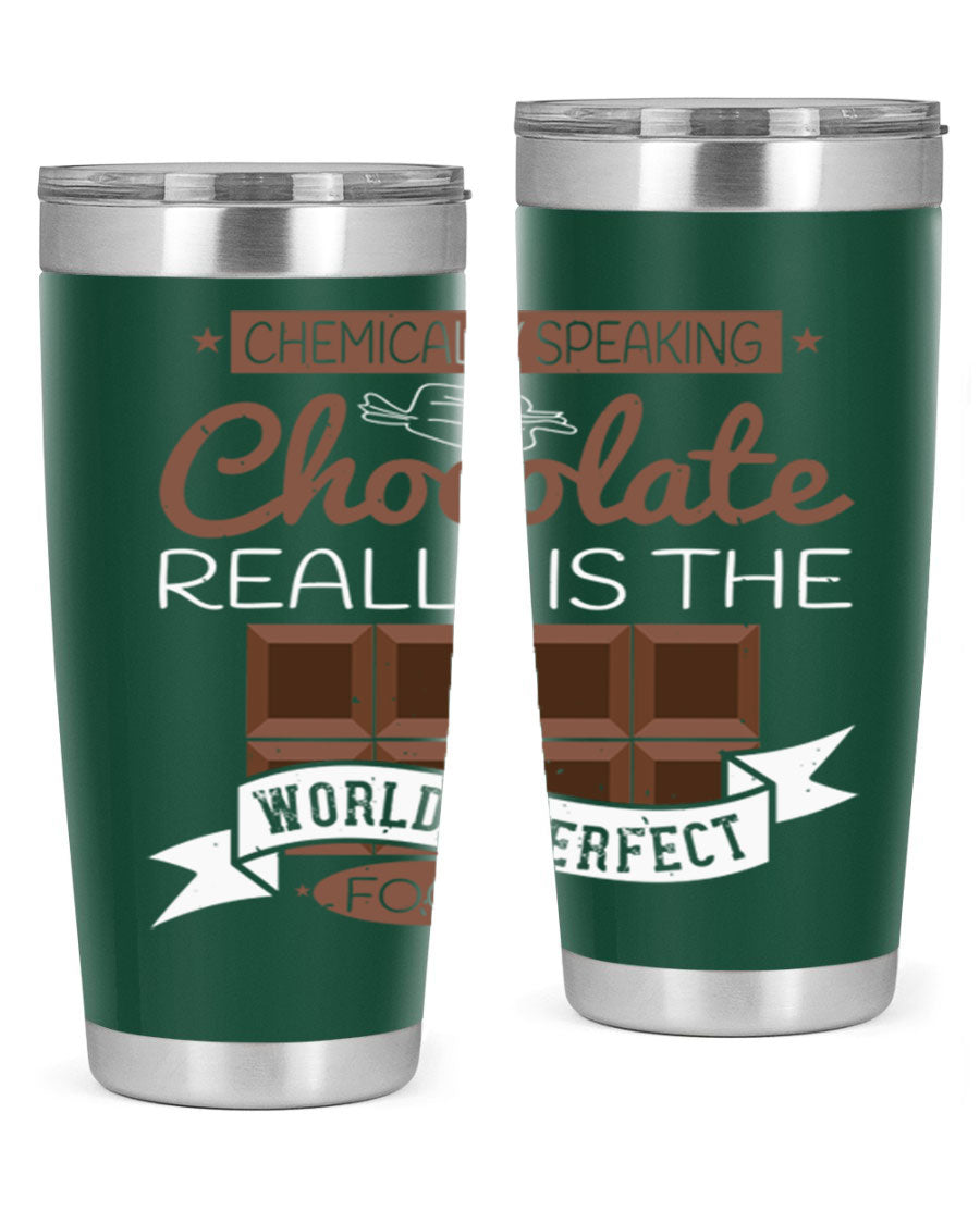 Stylish stainless steel tumbler featuring a chocolate-themed design, perfect for hot and cold beverages.