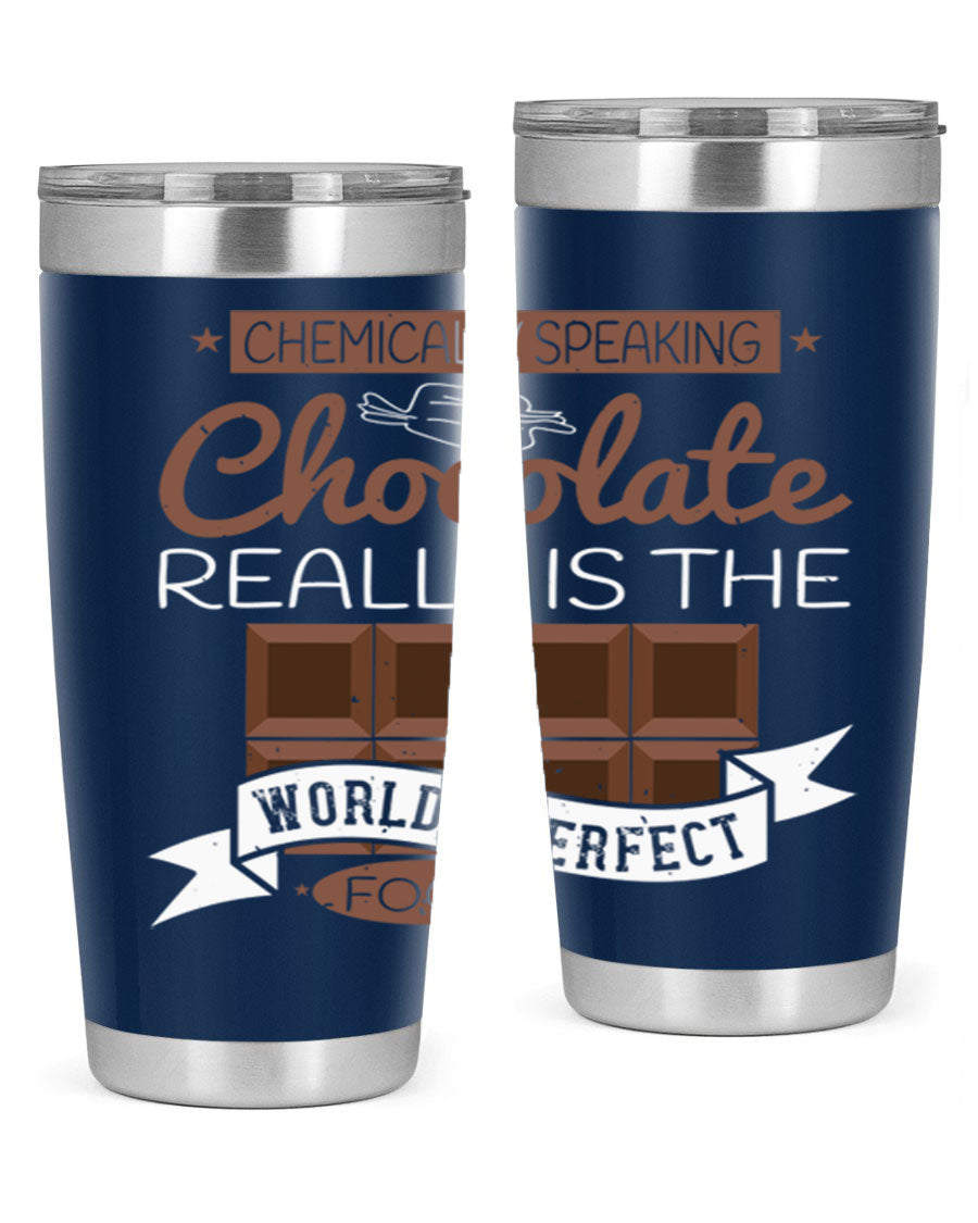 Stylish stainless steel tumbler featuring a chocolate-themed design, perfect for hot and cold beverages.