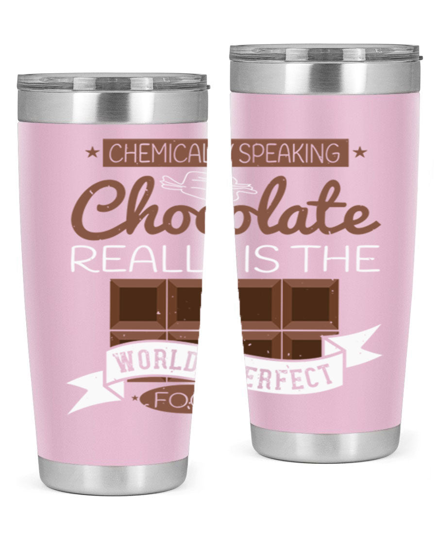 Stylish stainless steel tumbler featuring a chocolate-themed design, perfect for hot and cold beverages.