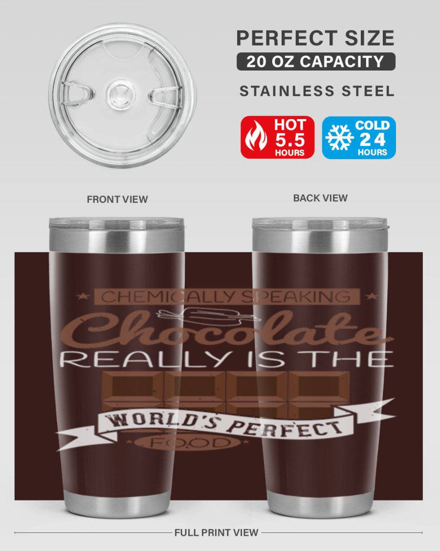 Stylish stainless steel tumbler featuring a chocolate-themed design, perfect for hot and cold beverages.