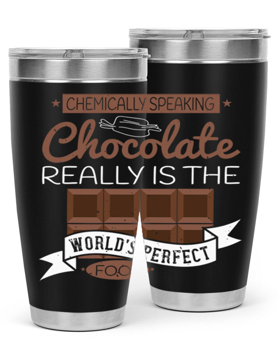 Stylish stainless steel tumbler featuring a chocolate-themed design, perfect for hot and cold beverages.