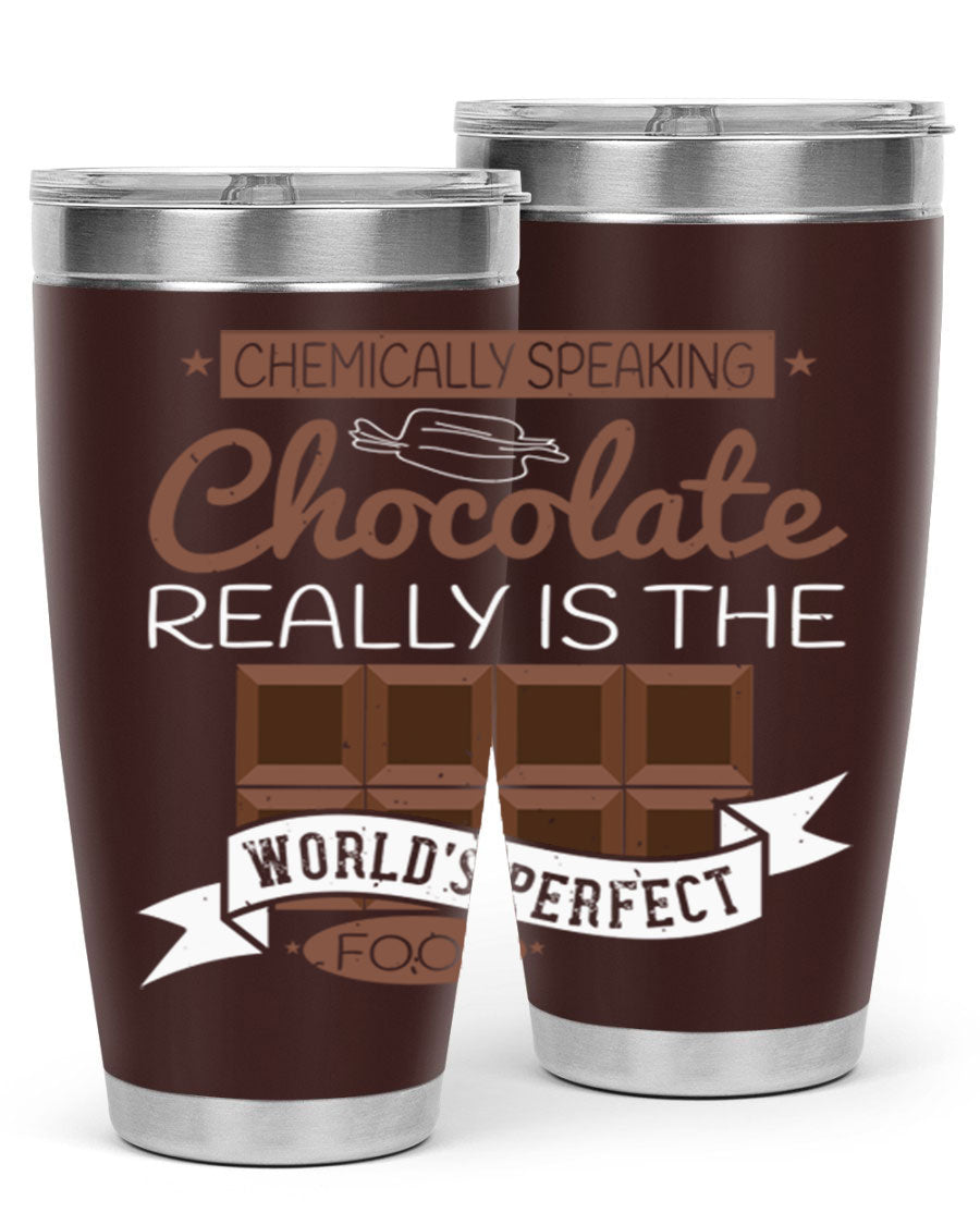 Stylish stainless steel tumbler featuring a chocolate-themed design, perfect for hot and cold beverages.