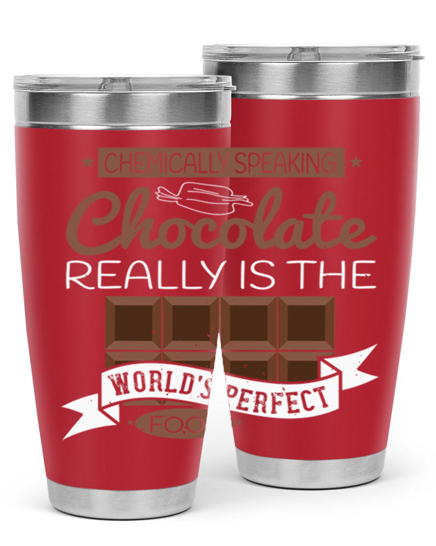 Stylish stainless steel tumbler featuring a chocolate-themed design, perfect for hot and cold beverages.