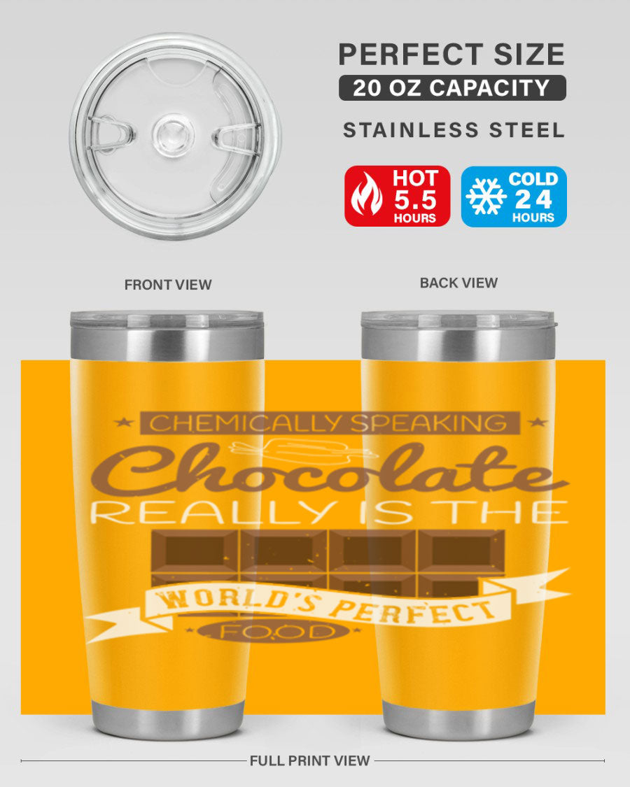 Stylish stainless steel tumbler featuring a chocolate-themed design, perfect for hot and cold beverages.