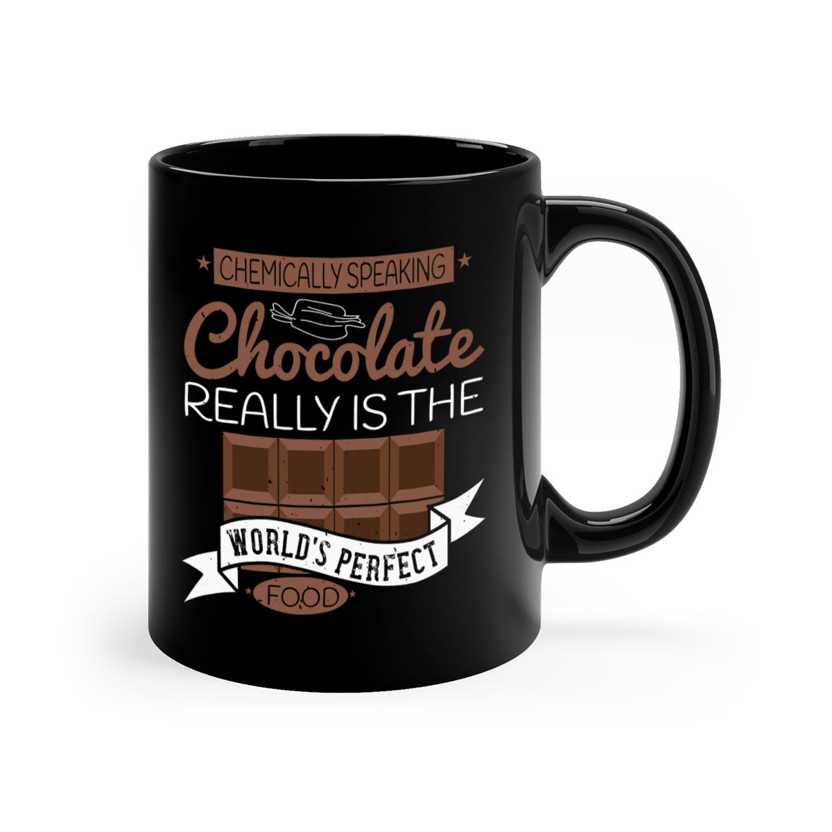 Two-tone ceramic coffee mug with chocolate theme, featuring a colored handle and glossy finish.