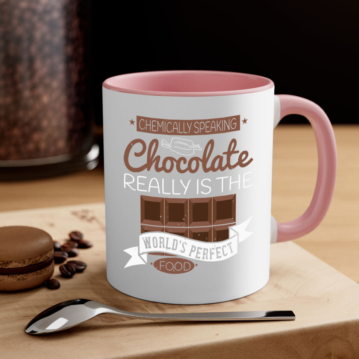 Two-tone ceramic coffee mug with chocolate theme, featuring a colored handle and glossy finish.