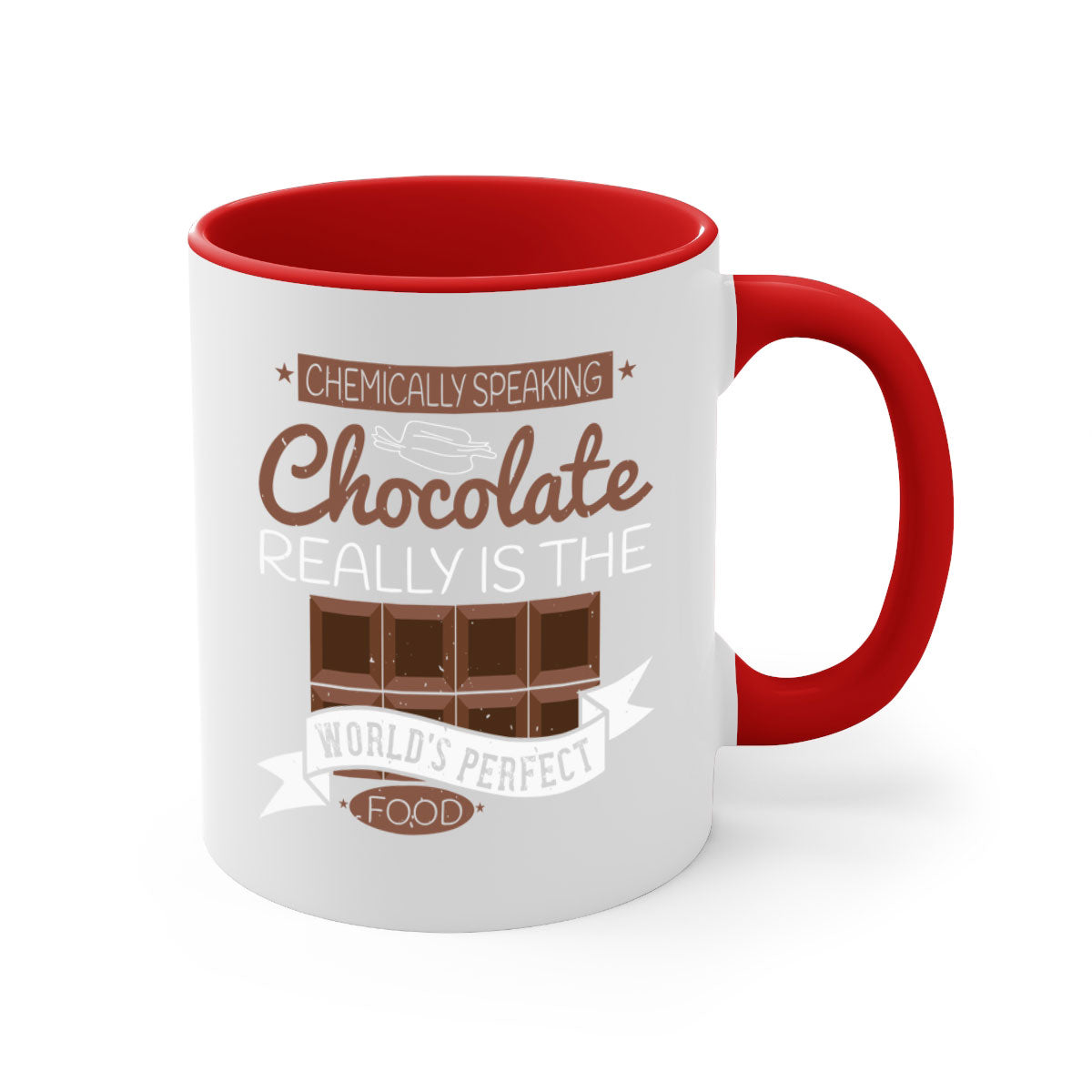 Two-tone ceramic coffee mug with chocolate theme, featuring a colored handle and glossy finish.