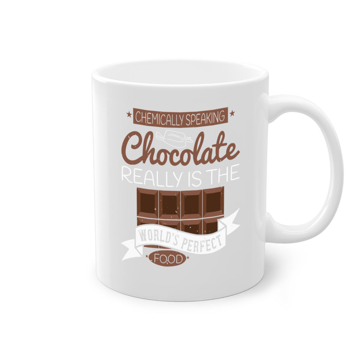Two-tone ceramic coffee mug with chocolate theme, featuring a colored handle and glossy finish.