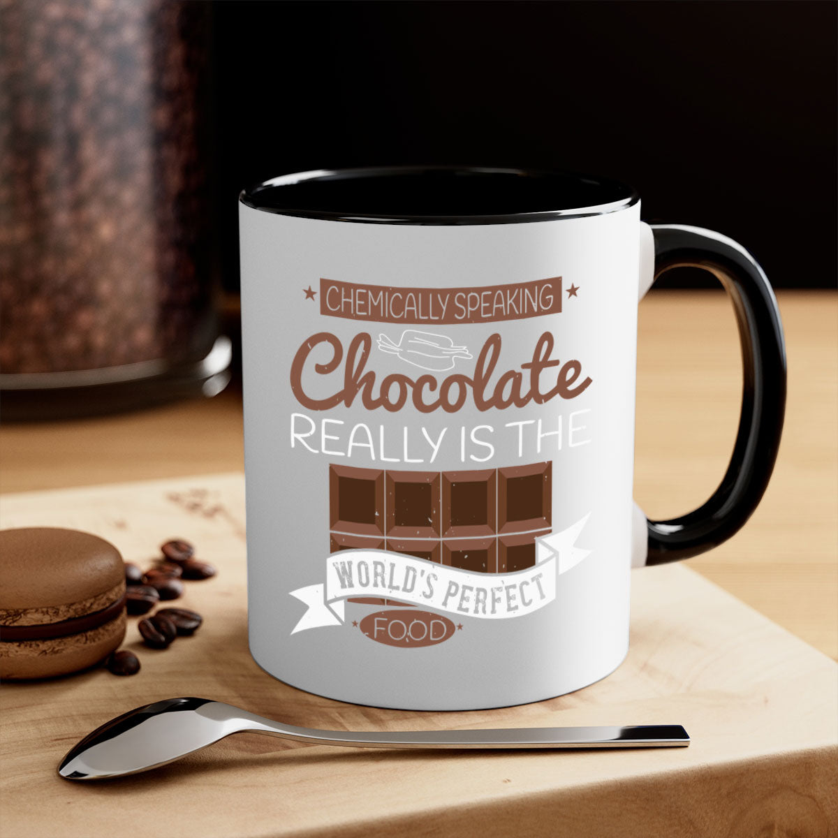 Two-tone ceramic coffee mug with chocolate theme, featuring a colored handle and glossy finish.