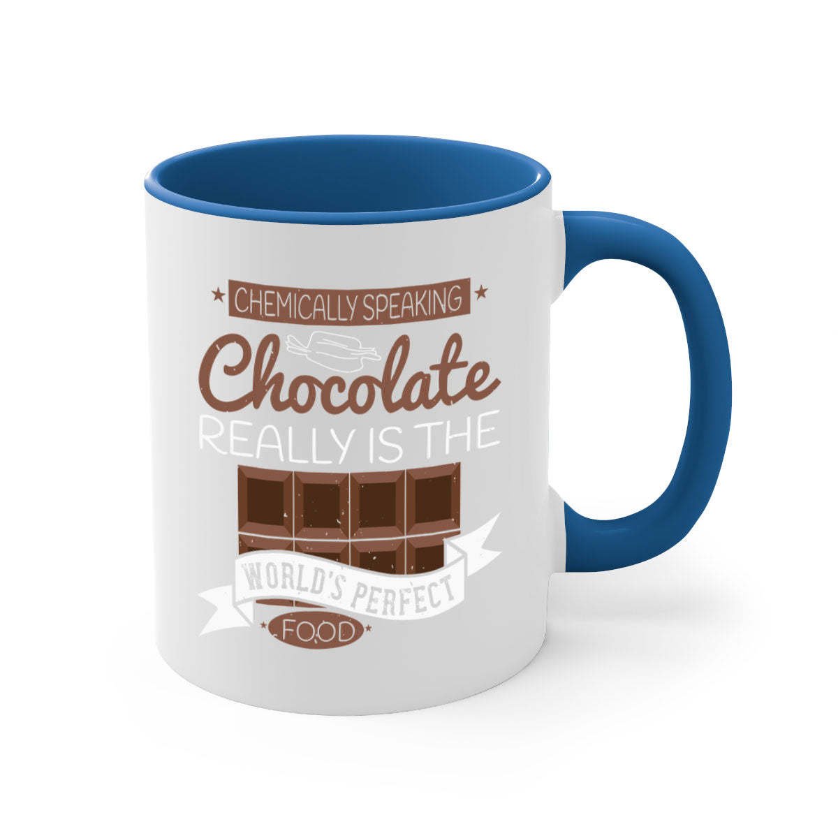 Two-tone ceramic coffee mug with chocolate theme, featuring a colored handle and glossy finish.