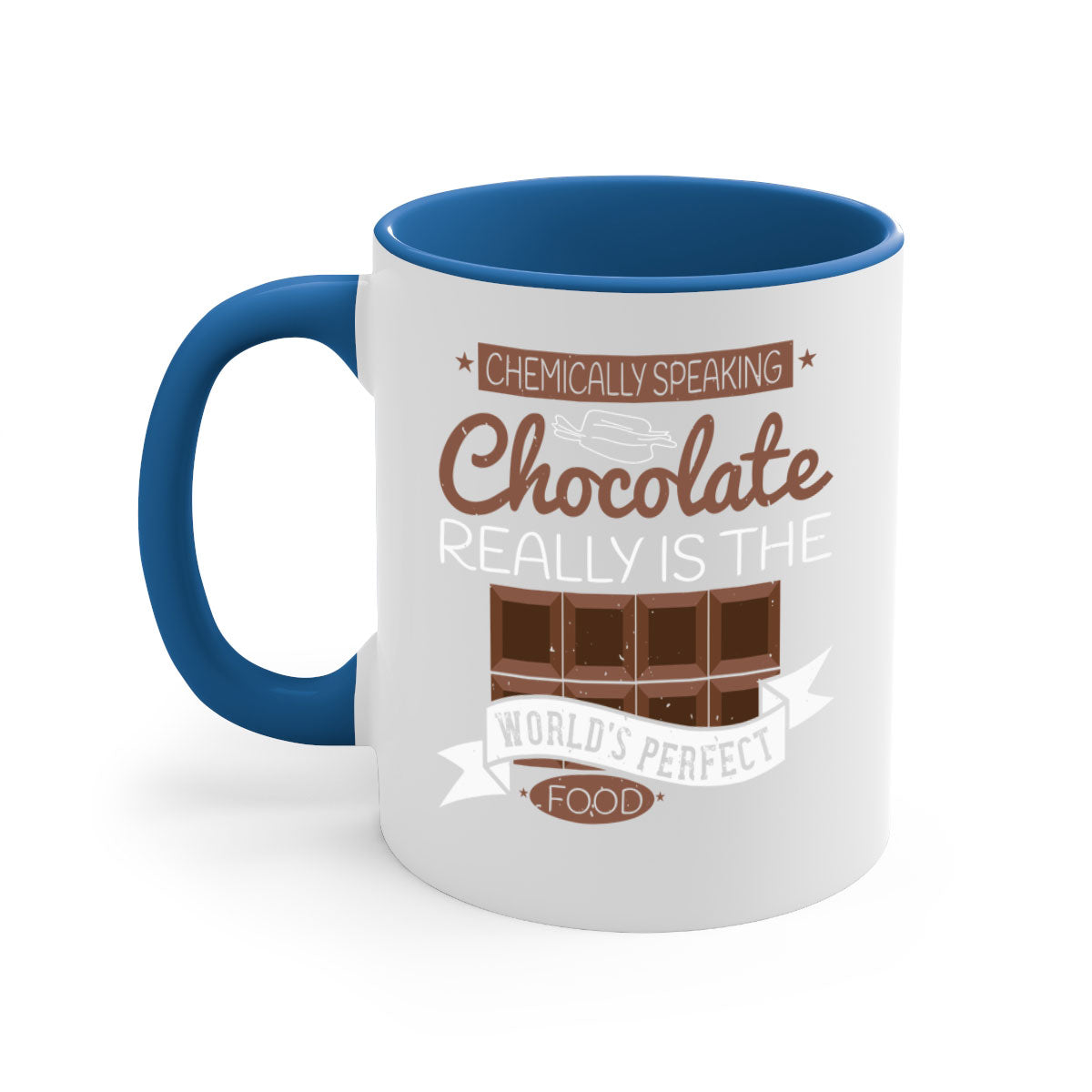 Two-tone ceramic coffee mug with chocolate theme, featuring a colored handle and glossy finish.