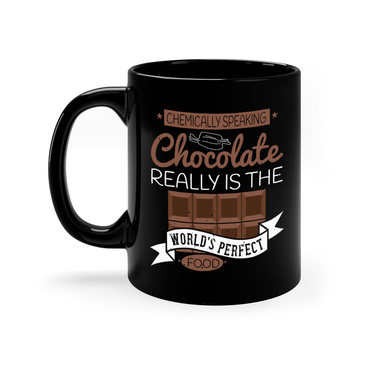 Two-tone ceramic coffee mug with chocolate theme, featuring a colored handle and glossy finish.
