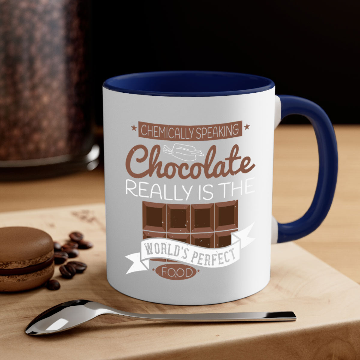 Two-tone ceramic coffee mug with chocolate theme, featuring a colored handle and glossy finish.