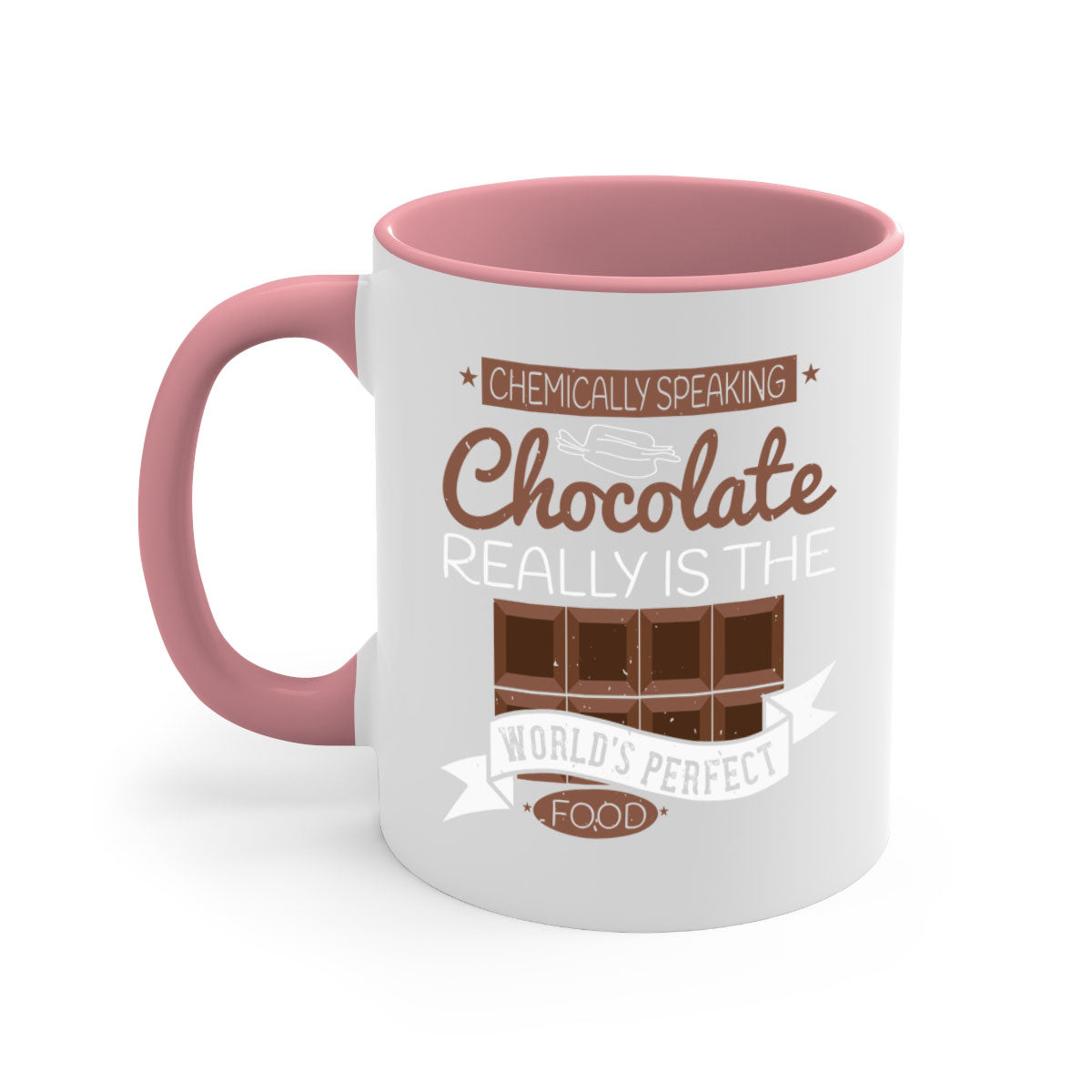 Two-tone ceramic coffee mug with chocolate theme, featuring a colored handle and glossy finish.