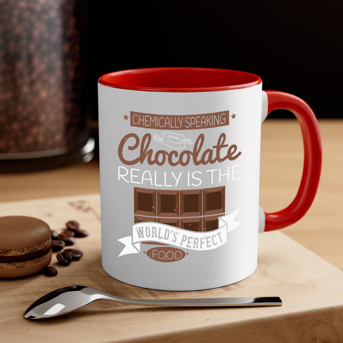 Two-tone ceramic coffee mug with chocolate theme, featuring a colored handle and glossy finish.