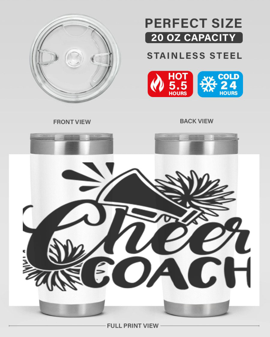 Cheer Coach 1392# Tumbler in stainless steel with a drink-thru lid, available in 20oz and 30oz sizes.